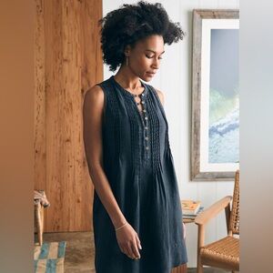 Faherty Isha Pintuck Black Sleeveless Short Dress Size XL 100% Linen